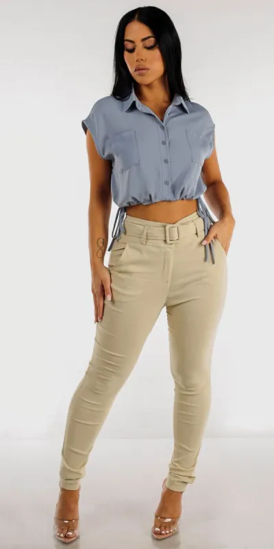 High Rise Beige Belted Skinny Pants with Blue Button Up Cropped Shirt sold by Moda