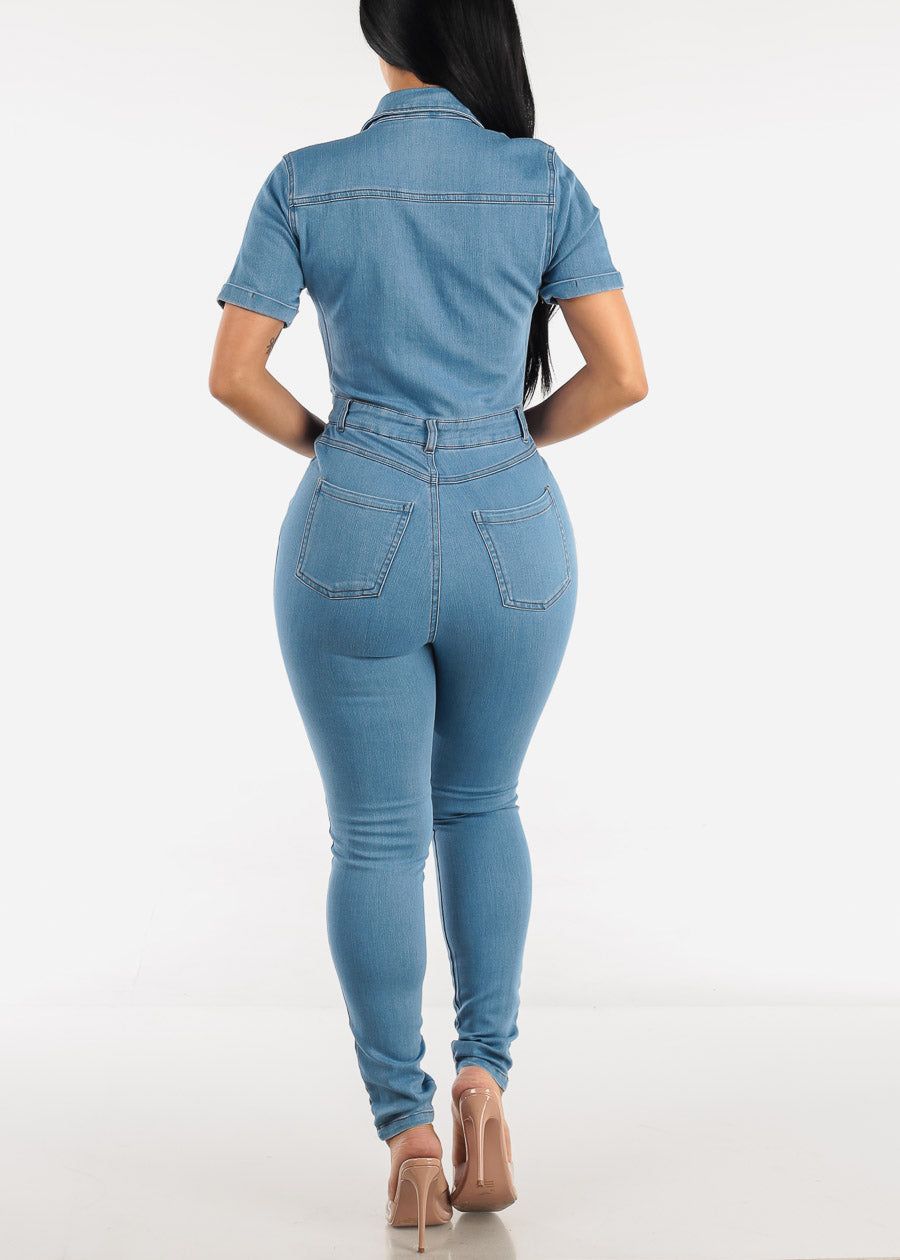 Short Sleeve Collared Skinny Denim Jumpsuit Med Wash sold by Moda product image thumbnail 3