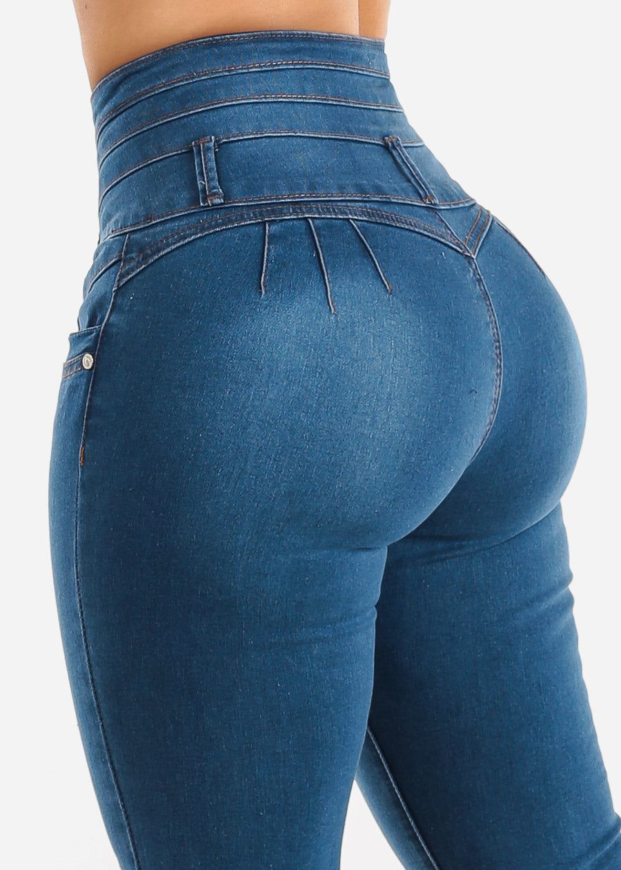 Super High Waisted Butt Lifting Skinny Jeans w Brown Stitching sold by Moda