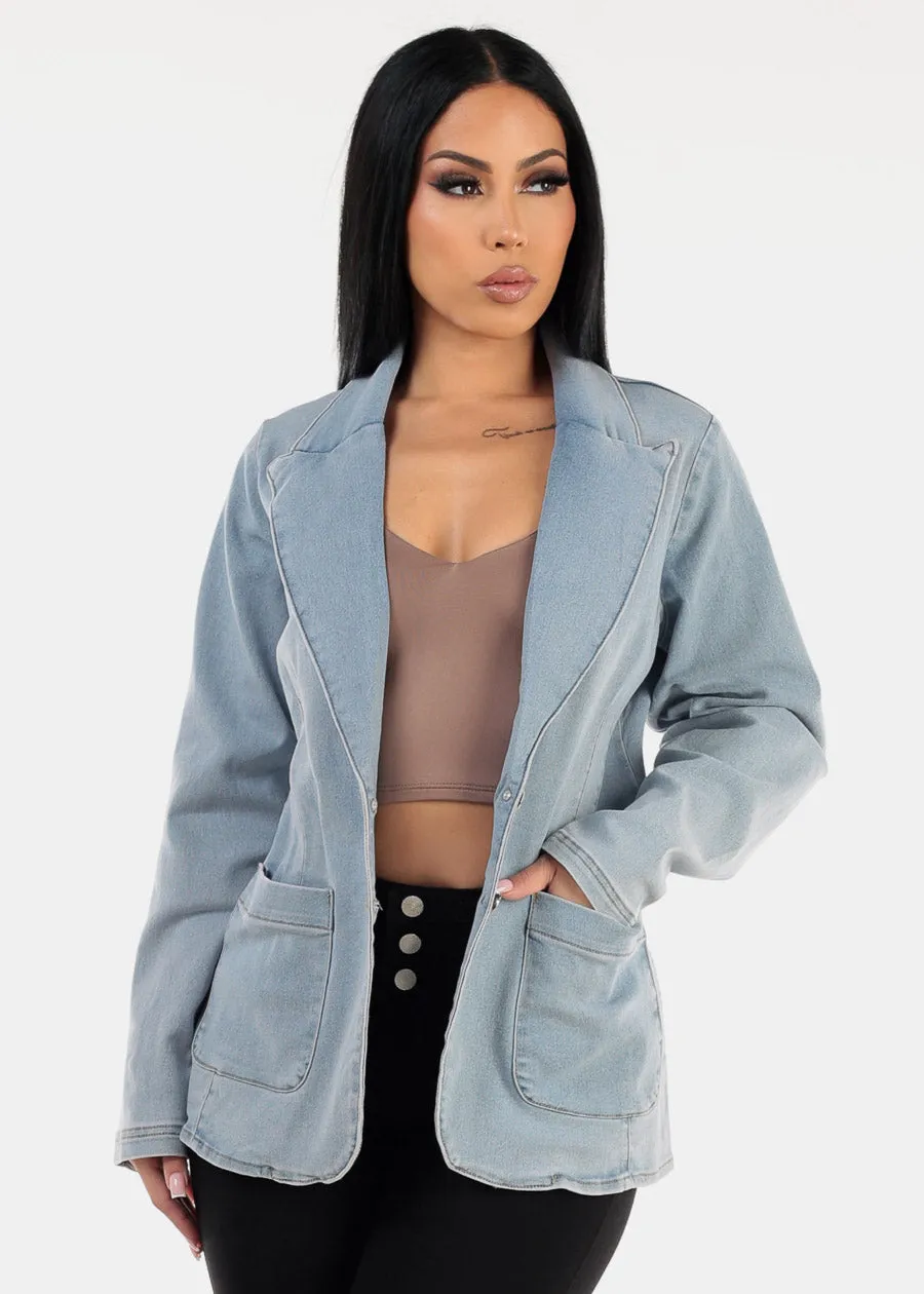 Long Sleeve Light Denim Blazer w Pockets sold by Moda