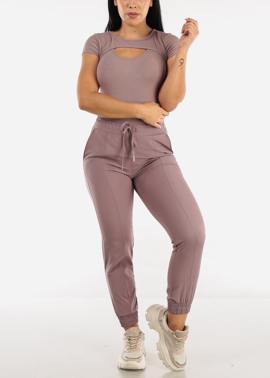 Short Sleeve Ribbed Cutout Neckline Bodysuit Dark Mauve sold by Moda product image thumbnail 5