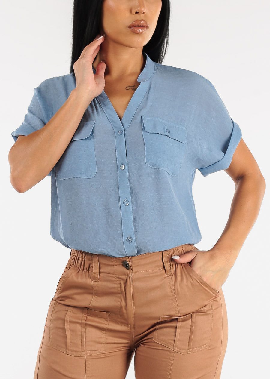 Short Sleeve Vneck Button Up Shirt Light Blue sold by Moda