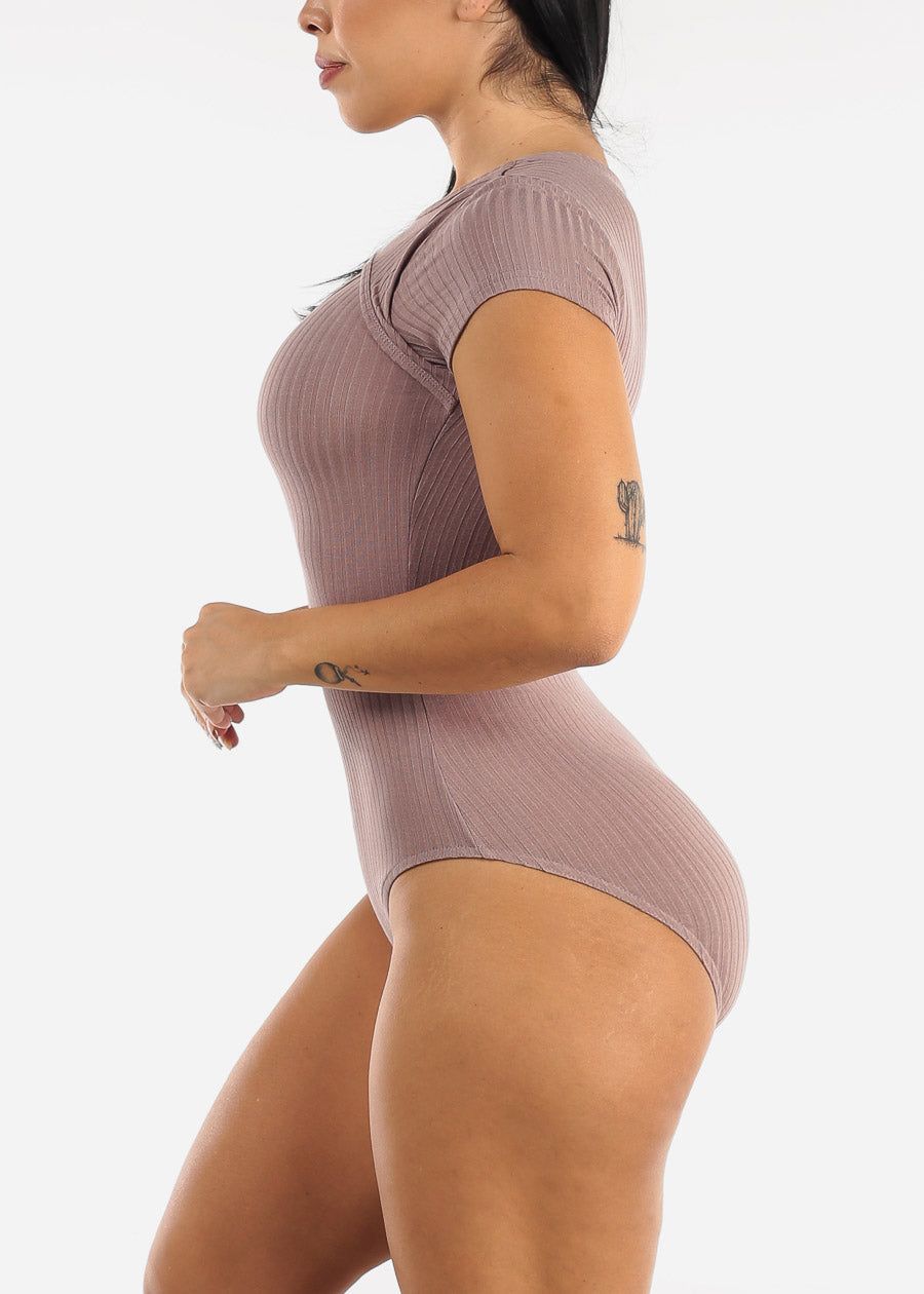 Short Sleeve Ribbed Cutout Neckline Bodysuit Dark Mauve sold by Moda product image thumbnail 3