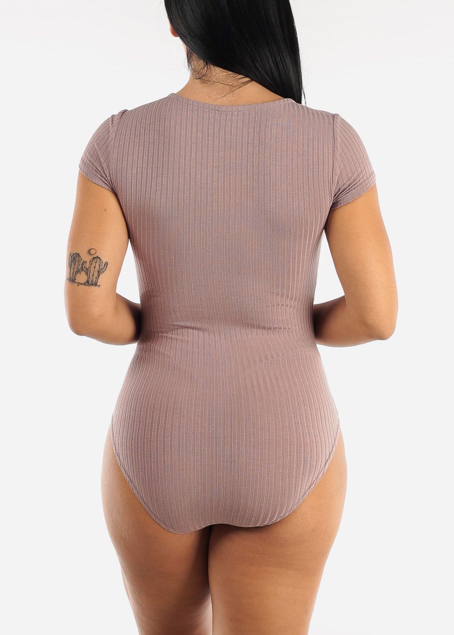 Short Sleeve Ribbed Cutout Neckline Bodysuit Dark Mauve sold by Moda product image thumbnail 4