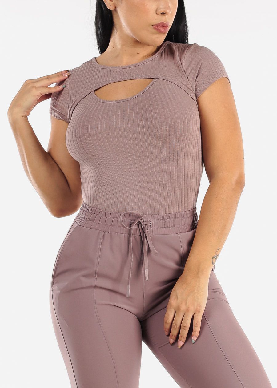 Short Sleeve Ribbed Cutout Neckline Bodysuit Dark Mauve sold by Moda