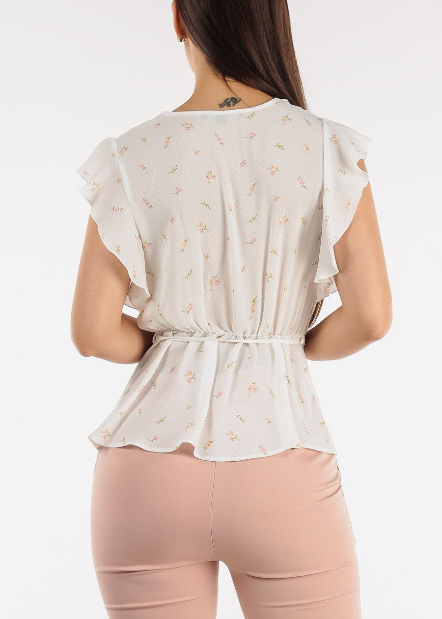 Short Sleeve Floral Surplice Peplum Blouse White w Ruffle Trim sold by Moda product image thumbnail 4
