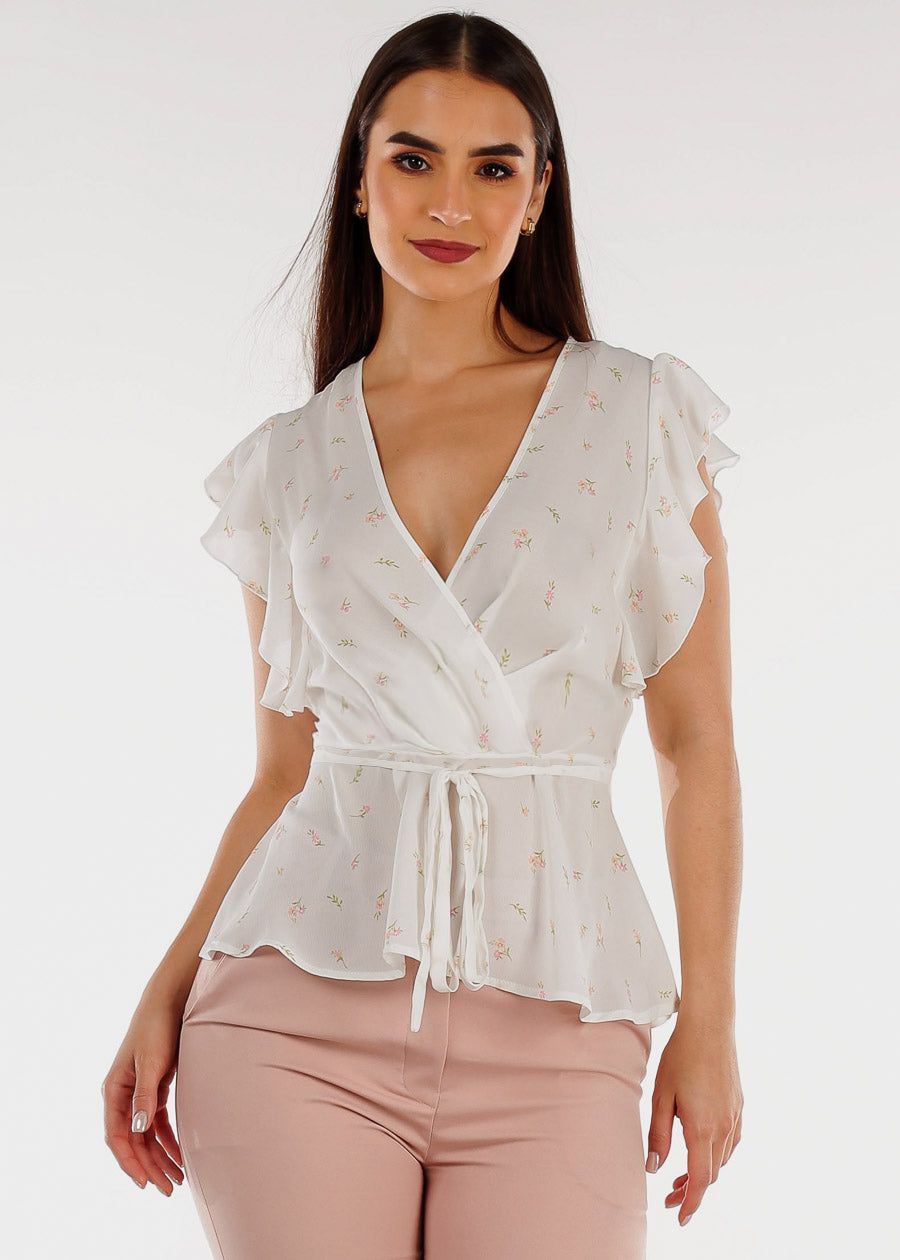 Short Sleeve Floral Surplice Peplum Blouse White w Ruffle Trim sold by Moda