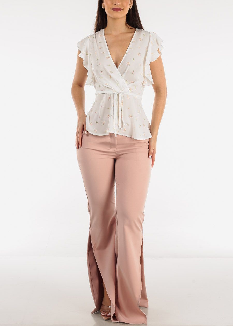 Short Sleeve Floral Surplice Peplum Blouse White w Ruffle Trim sold by Moda product image thumbnail 2