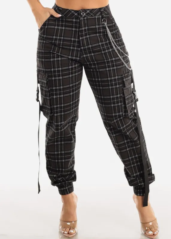 High Waist Black Plaid Utility Cargo Jogger Pants w Chain sold by Moda