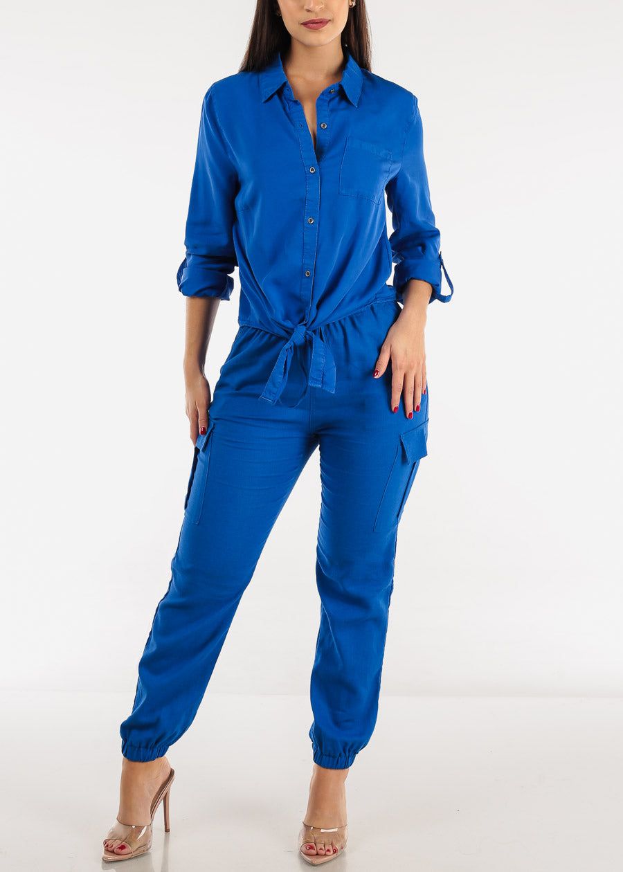 High Rise Linen Drawstring Waist Cargo Joggers Blue sold by Moda product image thumbnail 2