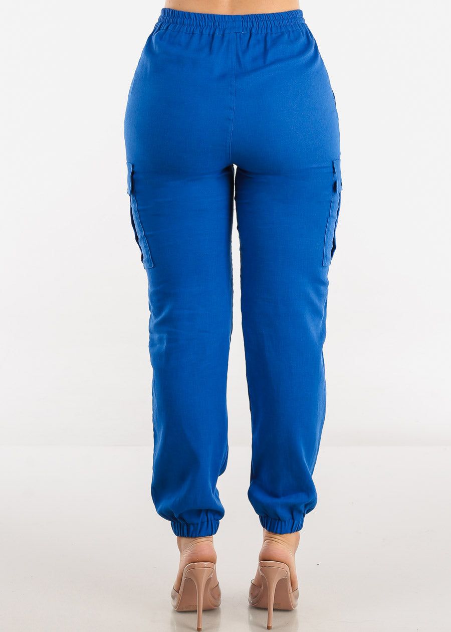 High Rise Linen Drawstring Waist Cargo Joggers Blue sold by Moda product image thumbnail 4