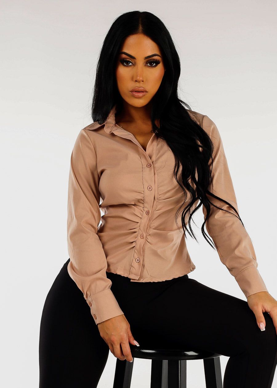 Taupe Long Sleeve Button Down Ruched Blouse sold by Moda