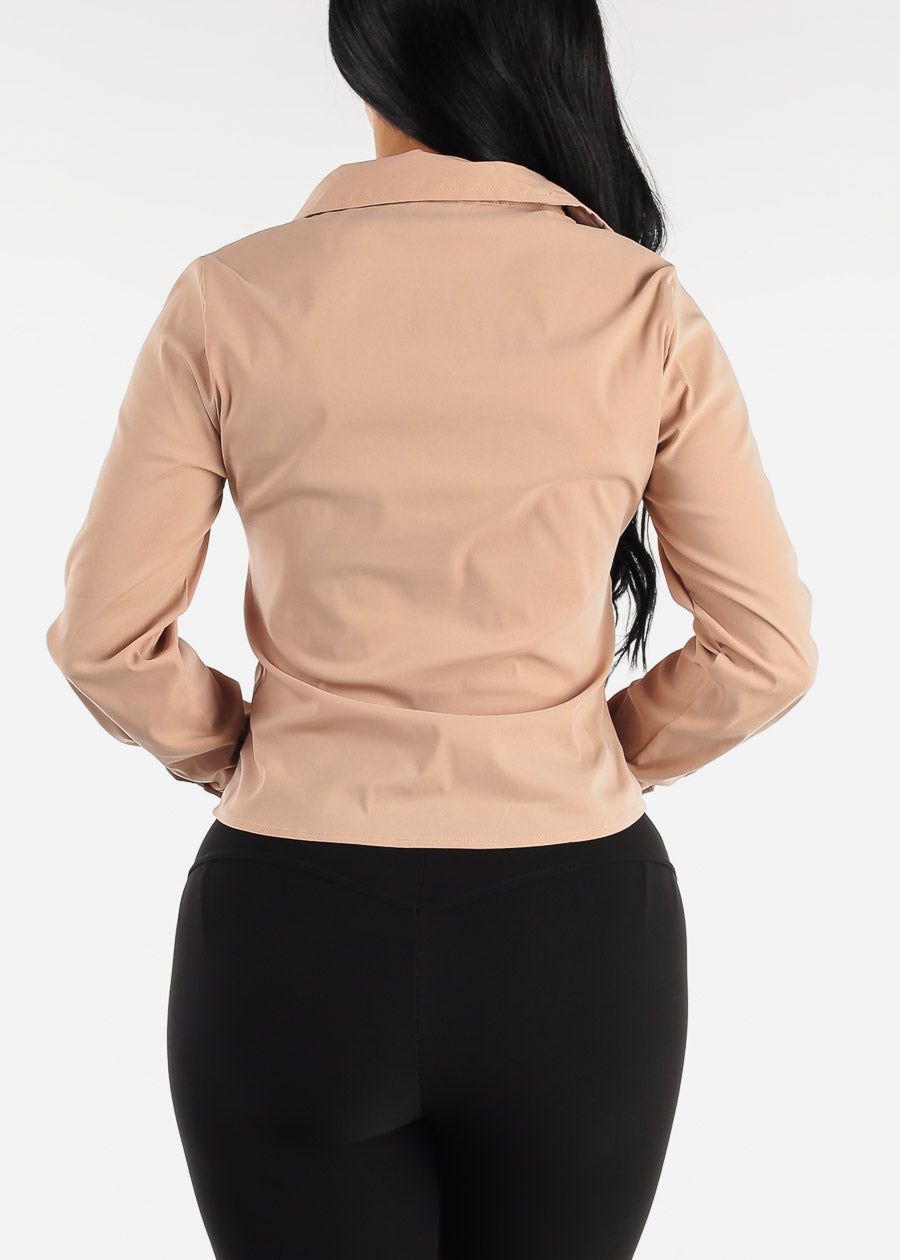 Taupe Long Sleeve Button Down Ruched Blouse sold by Moda product image thumbnail 5