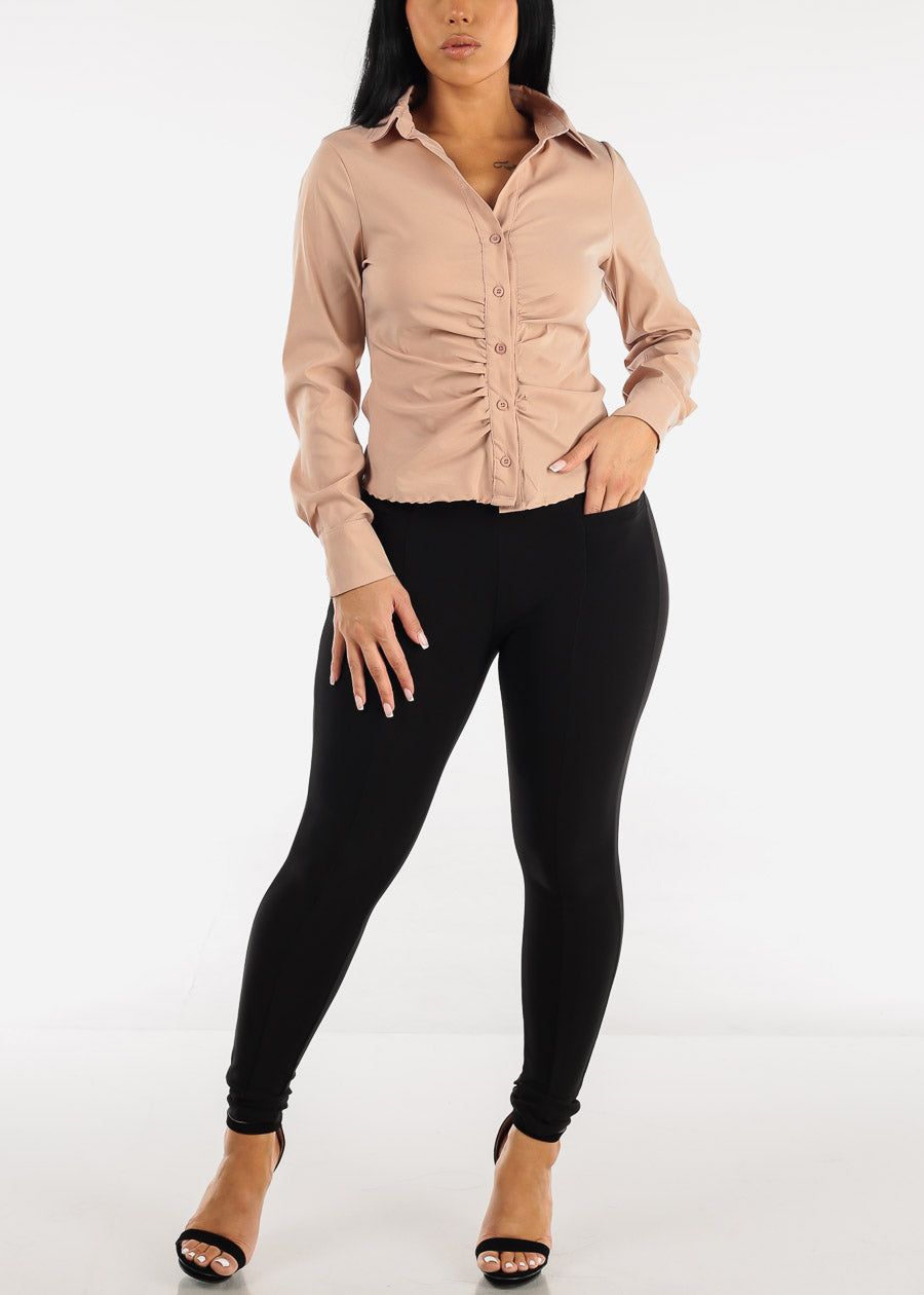 Taupe Long Sleeve Button Down Ruched Blouse sold by Moda product image thumbnail 2