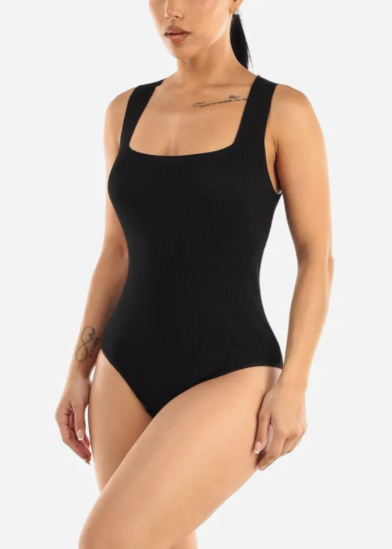 Square Neck Sleeveless Black Ribbed Bodysuit sold by Moda