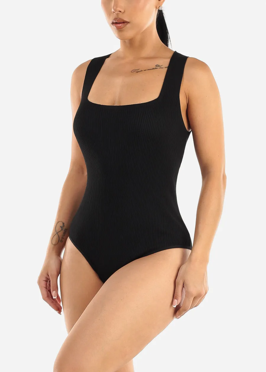 Square Neck Sleeveless Black Ribbed Bodysuit sold by Moda