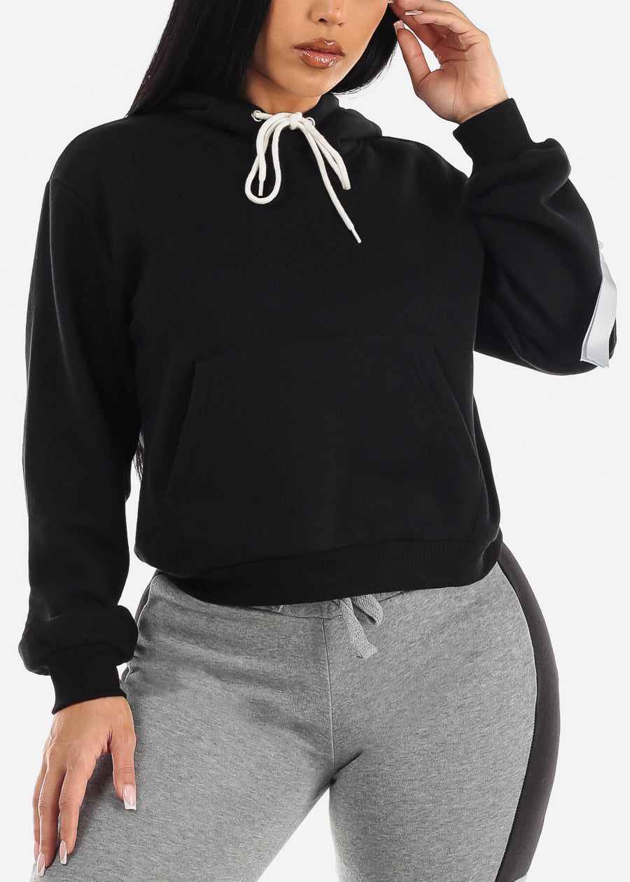 Long Sleeve Black Fleece Pullover Hoodie w Cargo Pocket sold by Moda