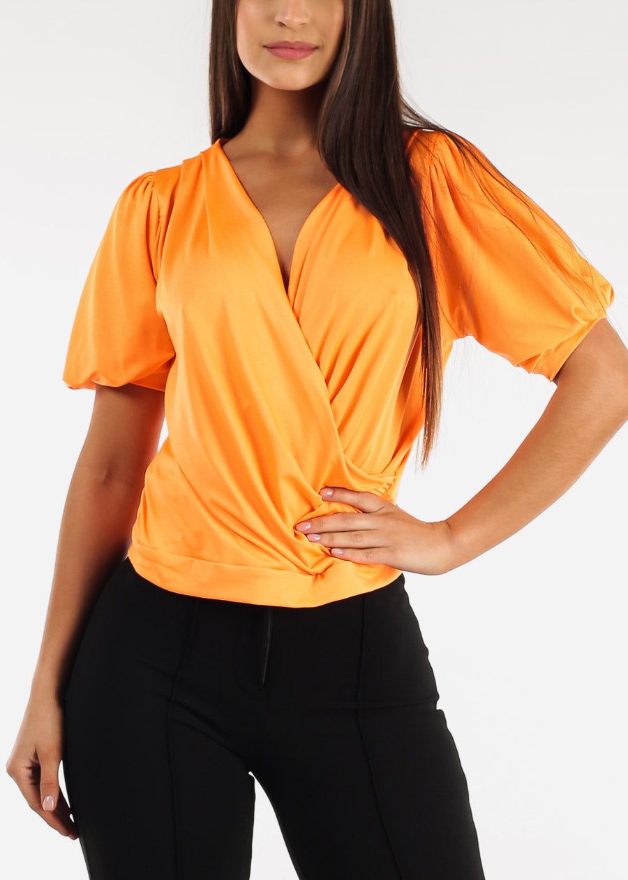 Short Puff Sleeve Surplice Top Orange sold by Moda