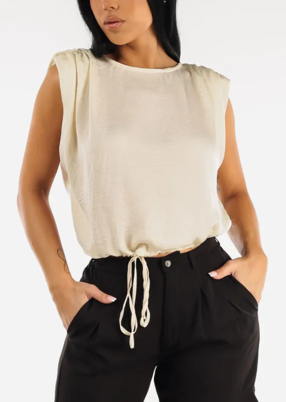 Tie Front Drawstring Cap Sleeve Cream Blouse sold by Moda
