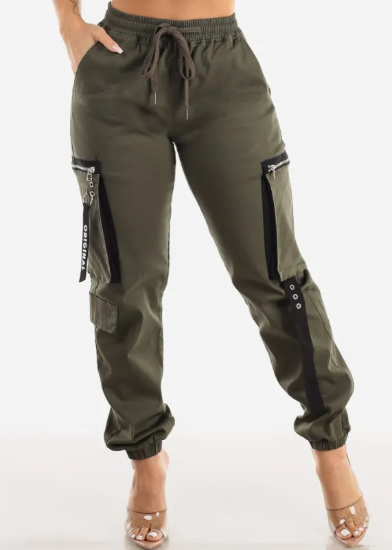 Drawstring Waist Cargo Jogger Pants Olive sold by Moda
