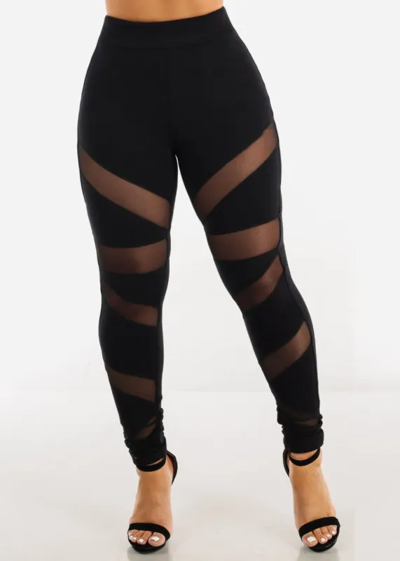 High Waisted Black Skinny Pants w Mesh Panels sold by Moda