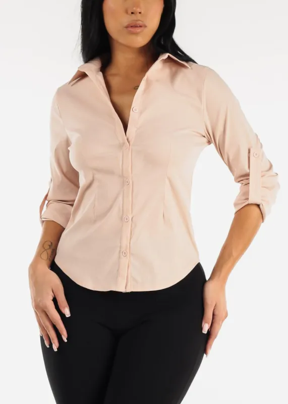 Long Sleeve Taupe Button Up Shirt sold by Moda