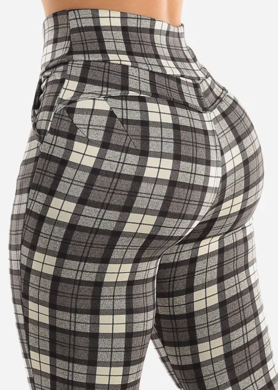 High Waist Pull On Levantacola Plaid Skinny Pants Grey sold by Moda