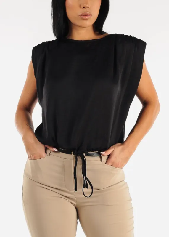Black Tie Front Drawstring Cap Sleeve Blouse sold by Moda