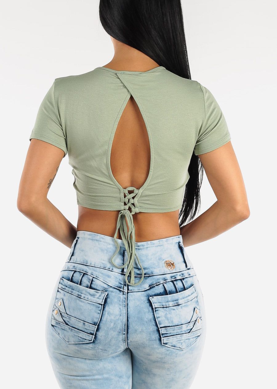 Short Sleeve Open Back Strappy Sage Crop Top sold by Moda product image thumbnail 5