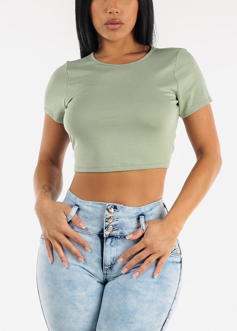 Short Sleeve Open Back Strappy Sage Crop Top sold by Moda product image thumbnail 3