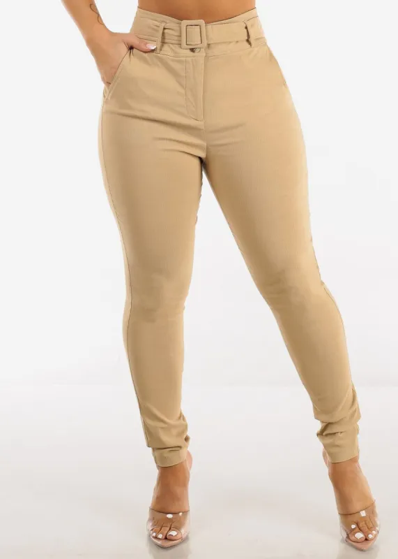High Waisted Khaki Belted Skinny Pants sold by Moda