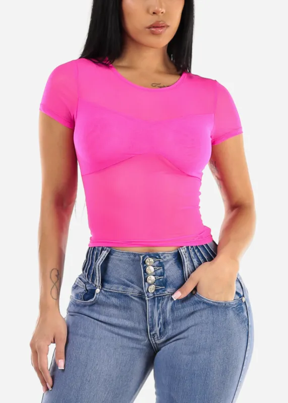 Fitted Short Sleeve Mesh Top Neon Fuchsia sold by Moda