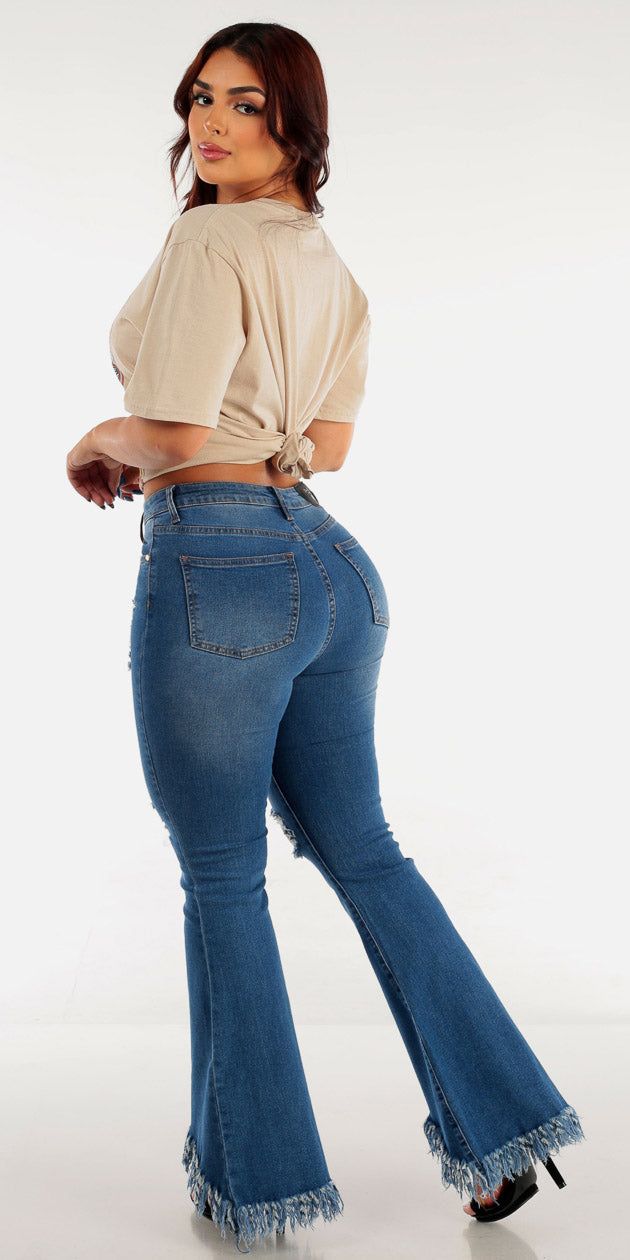 High Rise Torn Fringe Bell Bottom Jeans with Beige Oversized Graphic T-Shirt sold by Moda product image thumbnail 2