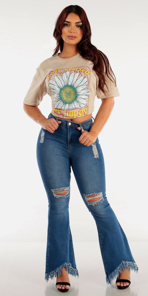 High Rise Torn Fringe Bell Bottom Jeans with Beige Oversized Graphic T-Shirt sold by Moda