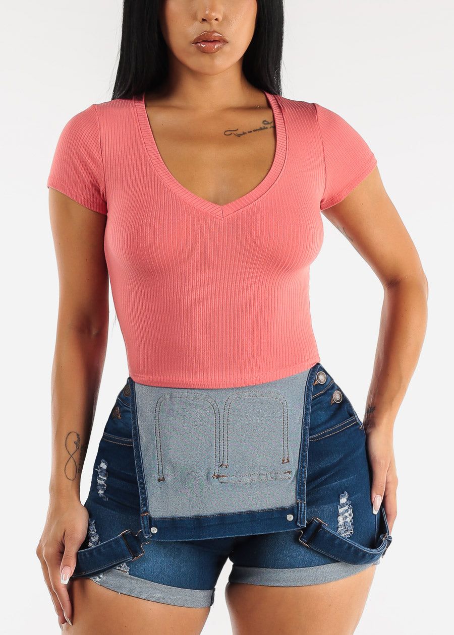 Ribbed Vneck Short Sleeve Crop Top Rose sold by Moda