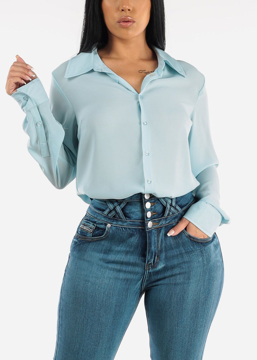 Chiffon Long Sleeve Collared Blouse Light Blue sold by Moda