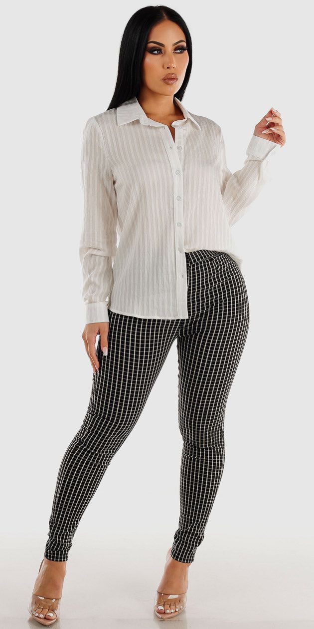 Black High Rise Checkered Dressy Skinny Pants with White Long Sleeve Button Up Tunic Shirt sold by Moda