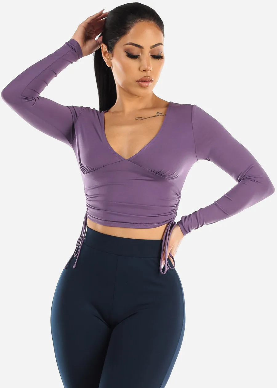 Long Sleeve V-neck Crop Top Lilac w Ruched Sides sold by Moda