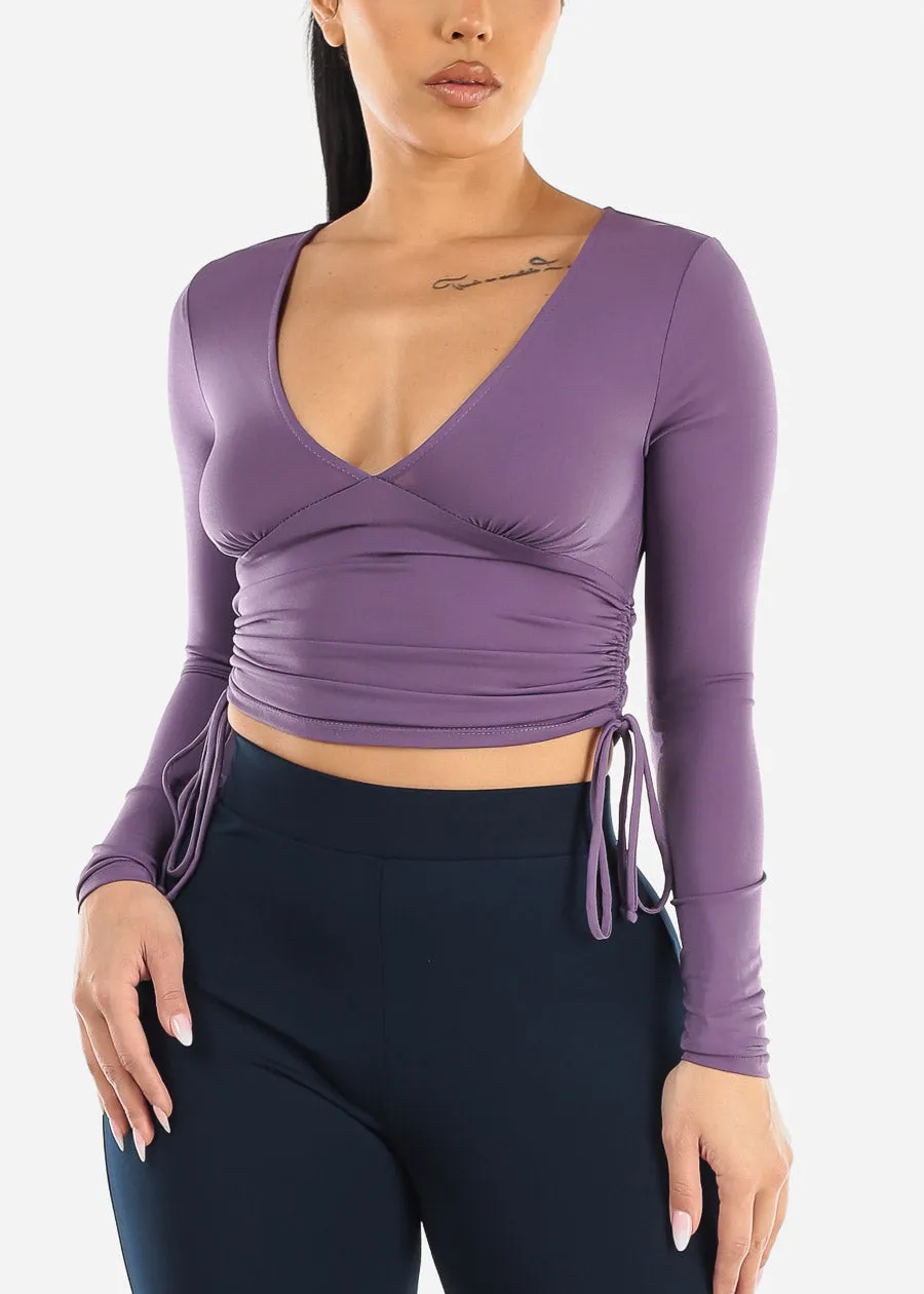 Long Sleeve V-neck Crop Top Lilac w Ruched Sides sold by Moda product image thumbnail 5