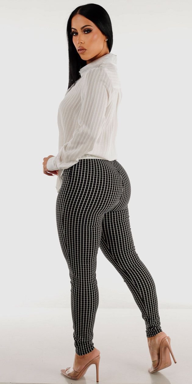 Black High Rise Checkered Dressy Skinny Pants with White Long Sleeve Button Up Tunic Shirt sold by Moda product image thumbnail 2