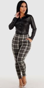 Grey High Waist Butt Lifting Plaid Skinny Pants with Black Button Up Pleather Collared Blouse sold by Moda