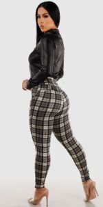 Grey High Waist Butt Lifting Plaid Skinny Pants with Black Button Up Pleather Collared Blouse sold by Moda