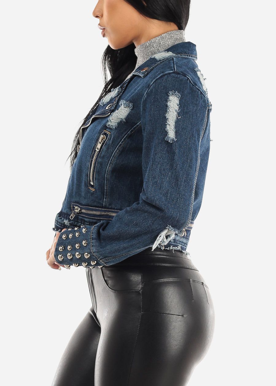 Distressed Dark Wash Moto Denim Jacket W Studs Detail sold by Moda product image thumbnail 5