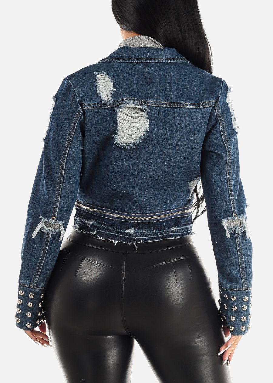 Distressed Dark Wash Moto Denim Jacket W Studs Detail sold by Moda product image thumbnail 6