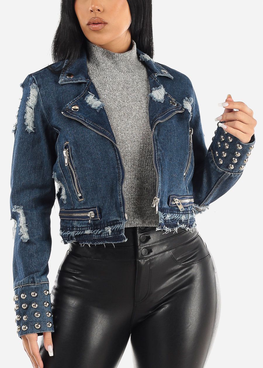 Distressed Dark Wash Moto Denim Jacket W Studs Detail sold by Moda product image thumbnail 3