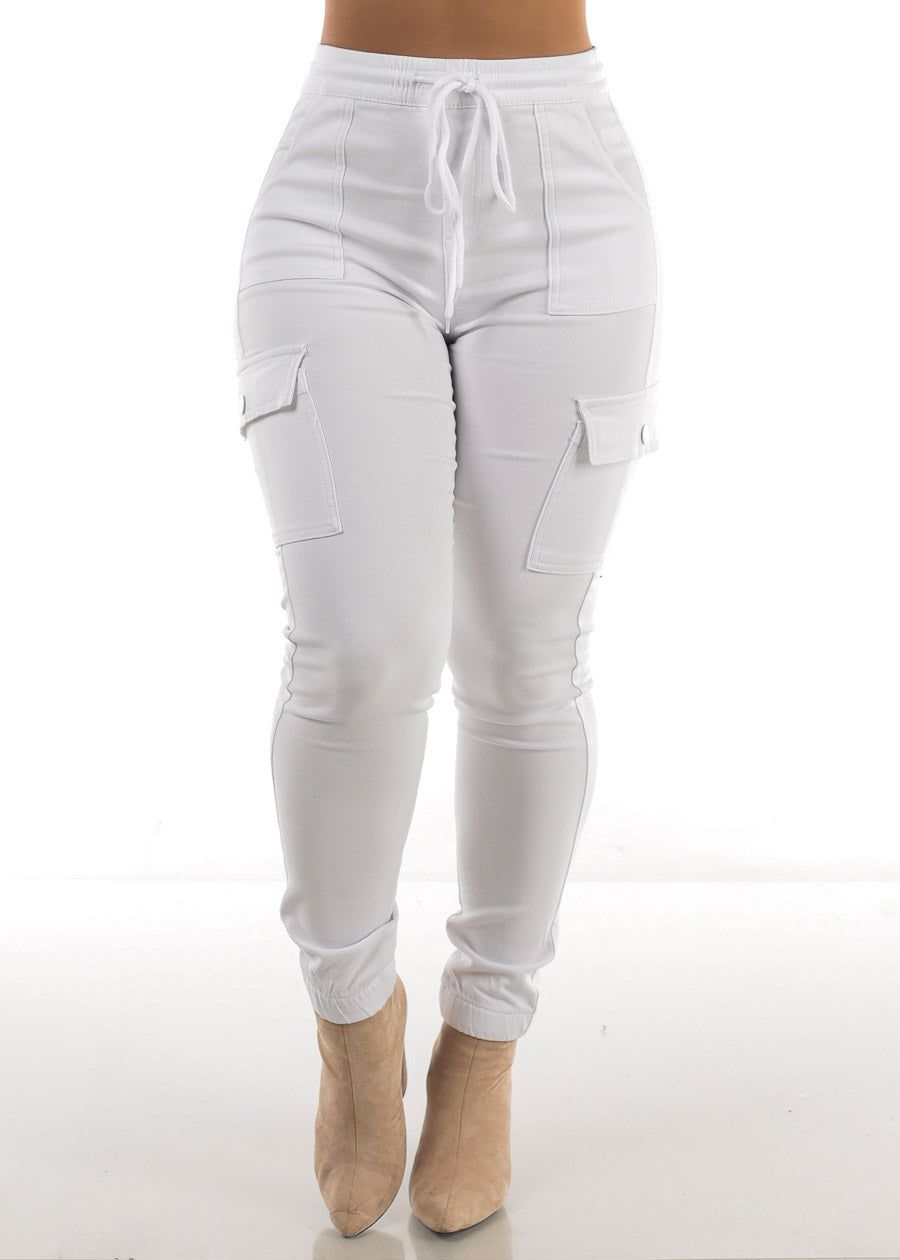 High Rise Drawstring Cargo Pants White sold by Moda