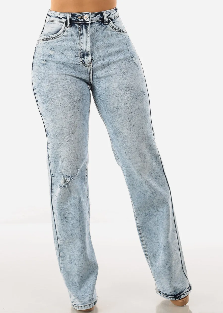Ripped Acid Wash Wide Leg Straight Stretch Jeans sold by Moda
