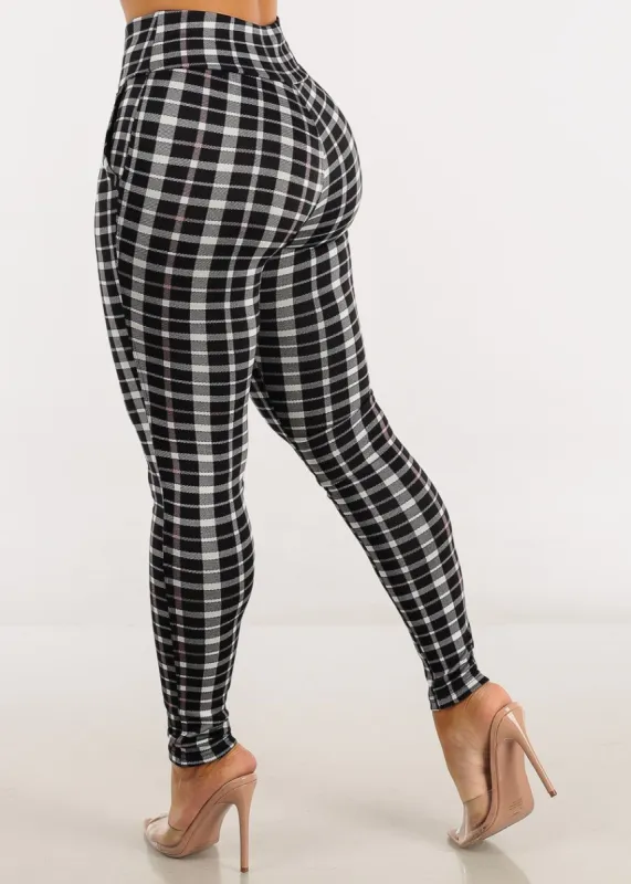 High Rise Pull On Plaid Skinny Pants w Zipper Detail sold by Moda
