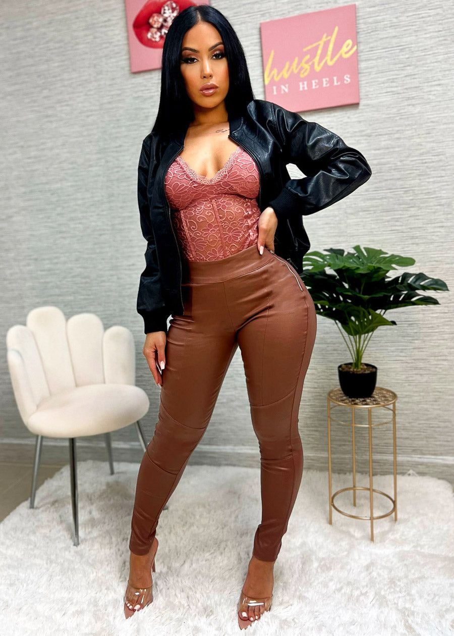 High Waisted Brown Pleather Skinny Pants sold by Moda