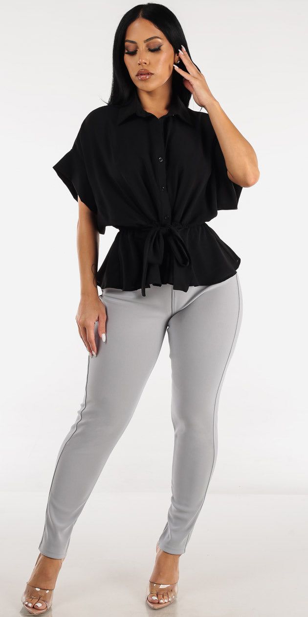 Levantacola Grey Dressy Skinny Pants with Short Sleeve Black Button Up Peplum Top sold by Moda